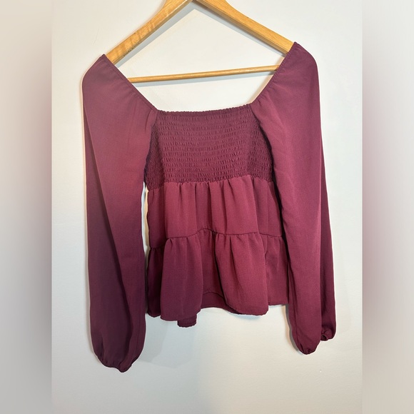 Paper Crane Maroon Smocked Baby Doll Long Sleeve Blouse - Picture 4 of 6